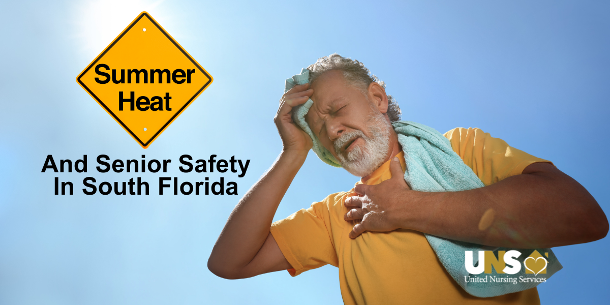 An elderly man with his hand held to his head and his other hand across his chest with a towel draped around his neck is sweating from excessive heat. He needs the help of a nurse from United Nursing Services and their Home Health Care in West Palm Beach