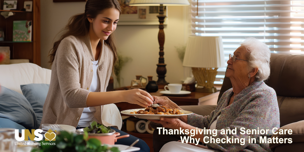 A nurse from United Nursing services visits with an elderly patient helping with her dinner. We provide Senior Care in Palm Beach County over the holidays and every day.