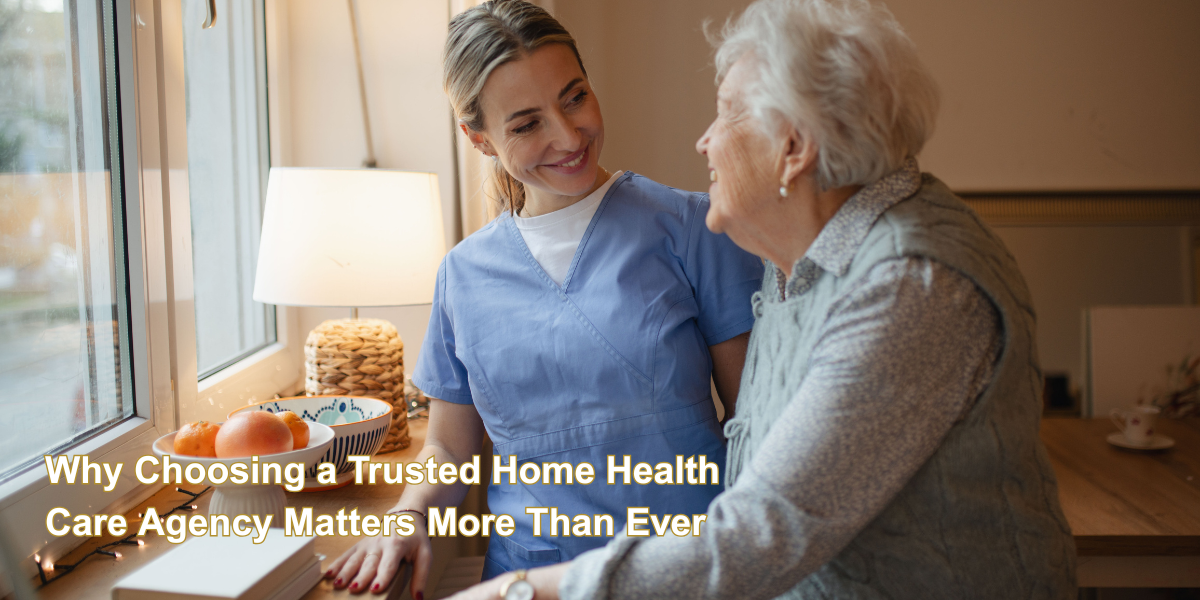 Home Health Care nurse from United Nursing Services stands next to an elderly patient as they look at the window and smile at each other.